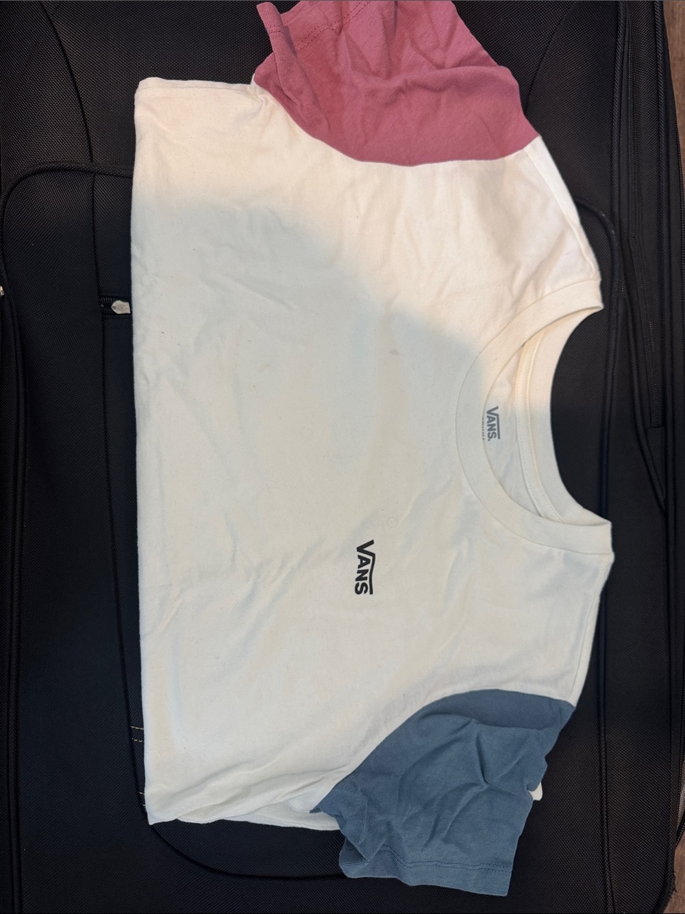 Vans White Tee with Pink and Blue Sleeves